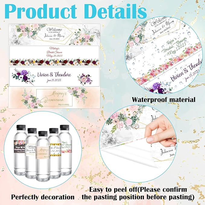 Personalized Water Bottle Labels for Wedding Custom Wedding Labels with Name for Water Bottle Stickers Waterproof Printable Photo Bottle Labels Bridal Shower Gifts 50 Pcs