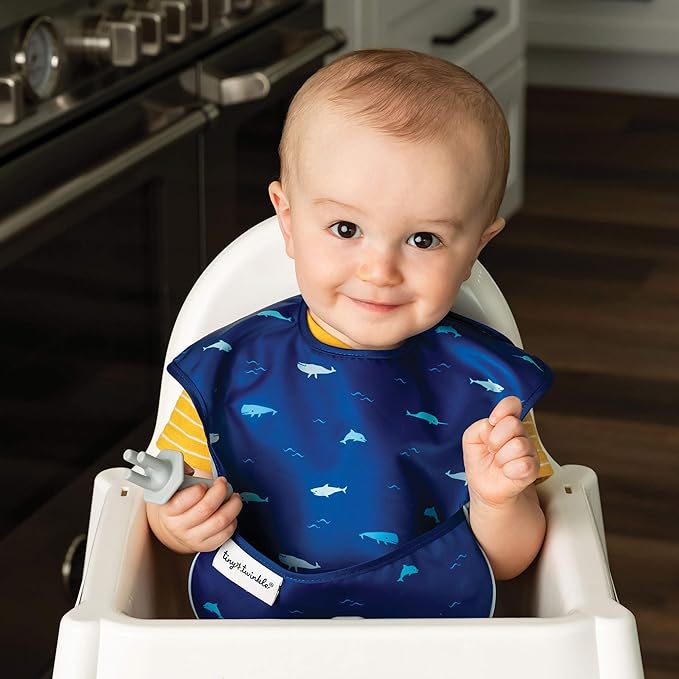 Tiny Twinkle Mess-Proof Baby Bibs for Eating | Waterproof, Wipeable Toddler Bibs with Catch-All Pocket | Feeding Bibs for Girls & Boys(3 Pack,Sea, Dino)