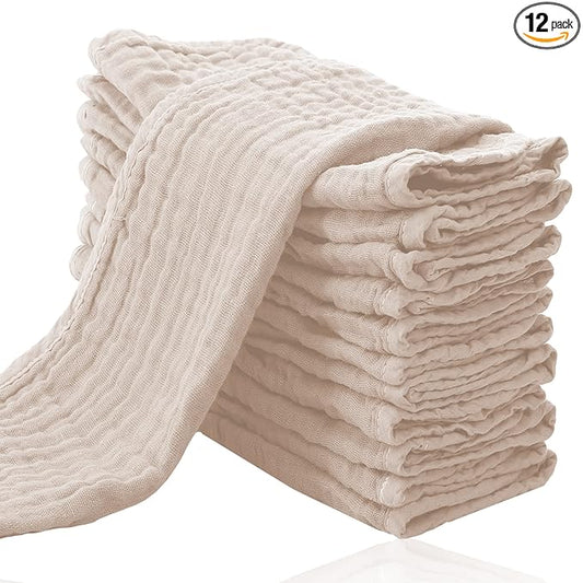 Cute Castle 12 Pack Muslin Burp Cloths for Baby - Ultra-Soft 100% Cotton Baby Washcloths - Large 20'' by 10'' Super Absorbent Milk Spit Up Rags - Burpy Cloths for Unisex, Boy, Girl - Brown