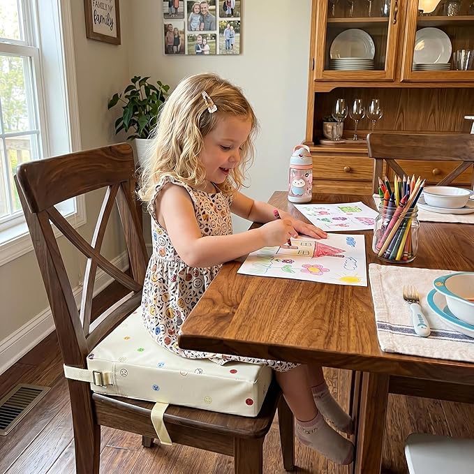 Toddler Booster Seat for Dining Table, Waterproof & Easy-to-Clean PU Cover, Safety Certified, Portable Booster Seat for Kitchen Chairs (Beige - Smile)