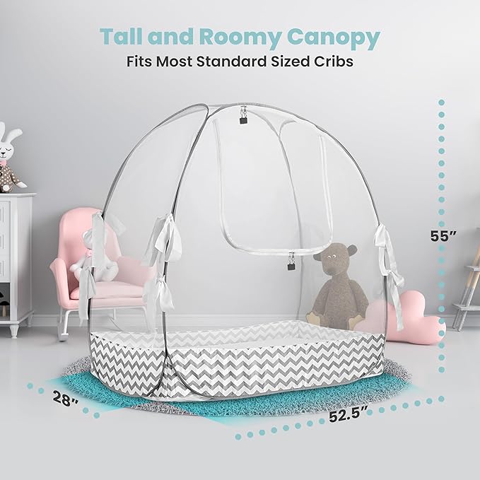 Crib Tent to Keep Baby from Climbing Out – Breathable Pop-Up Crib Net to Keep Baby in, Anti-Climb Safety Cover with Auto-Lock Zipper, Easy Install Fits Standard Cribs