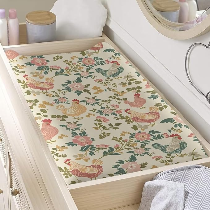 Rooster Diaper Changing Pad Cover Neutral Flower Toddler Changing Table Covers Chicken Baby Changing Mat Breathable Newborn Infant Changing Pad Sheets
