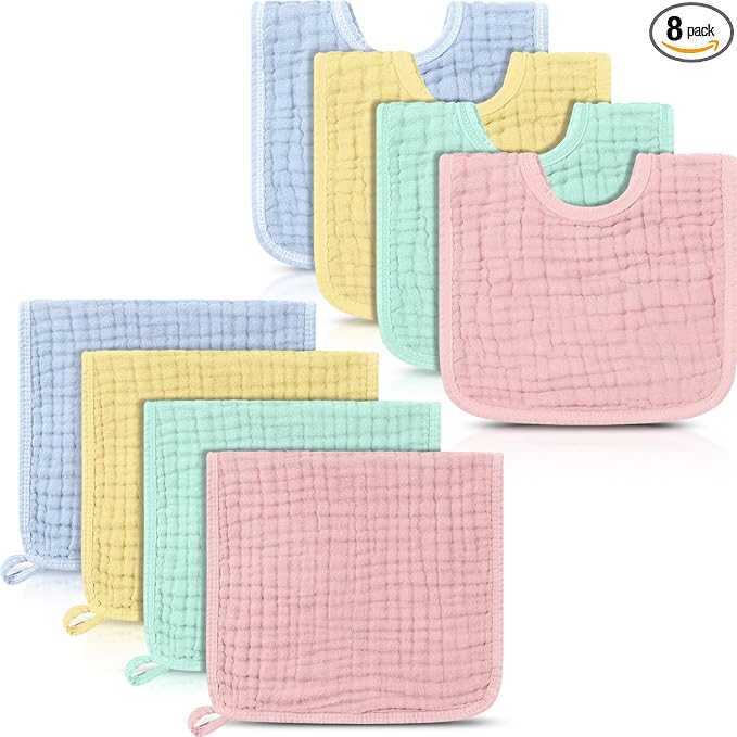 Tallew 8 Pack Muslin Burp Cloths and Baby Bibs for Boy Girl 20" x 10" Cotton Baby Bandana Drool Bibs Muslin Burp Cloths Absorbent Rag for Newborn Toddler Infant Gifts(Macaron Color)