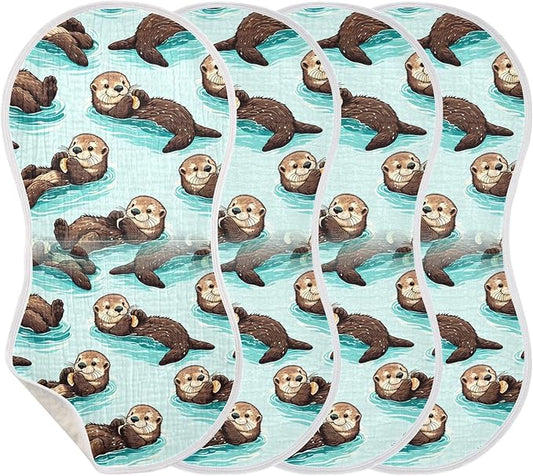 Muslin Burp Cloth for Baby 4PCS Cute Sea Otters Super Absorbent Burping Cloths, Bibs for Newborn Boys Girls