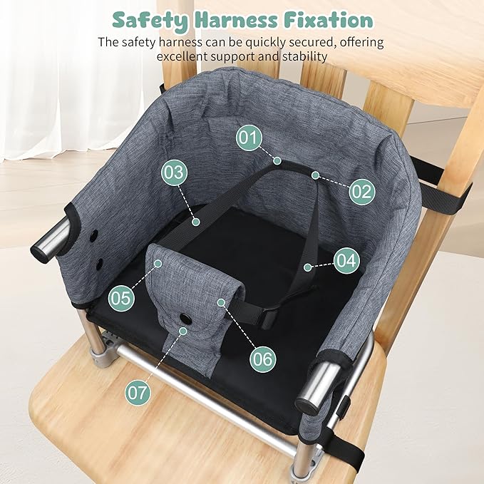 Booster Seat for Dining Table, 3-in-1 Portable Toddler Booster Chair with Safety Buckle, Height Adjustable & Foldable Baby Feeding Seat, Travel High Chair with Washable Cover & Storage Pocket - Grey