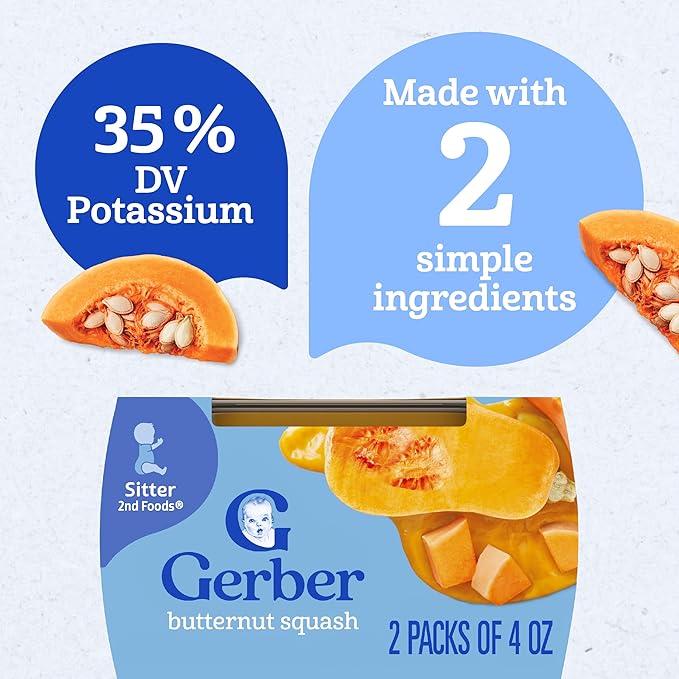 Gerber Stage 2 Baby Food, Butternut Squash Puree Tubs, No Added Salt, No Artificial Colors or Flavors, Baby Puree, 16-Pack