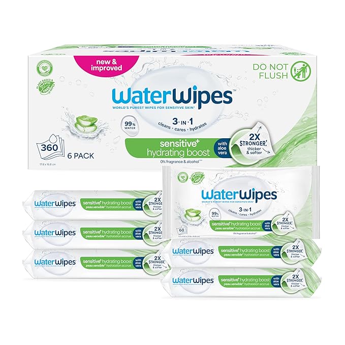 WaterWipes Sensitive+ Hydrating Boost Wipes, 3-In-1 Cleans, Cares, Hydrates, 99% Water with Aloe Vera, Unscented & Hypoallergenic Baby Wipes, 360 Count (6 Packs)