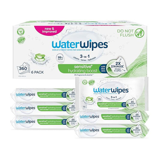 WaterWipes Sensitive+ Hydrating Boost Wipes, 3-In-1 Cleans, Cares, Hydrates, 99% Water with Aloe Vera, Unscented & Hypoallergenic Baby Wipes, 360 Count (6 Packs)