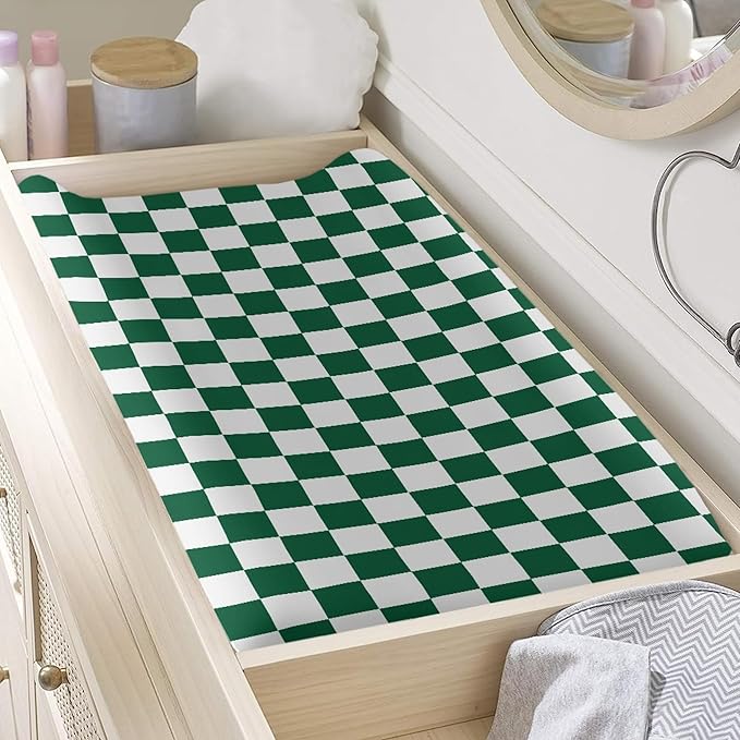 Deep Green Checkered Changing Pad Cover for Baby Girls Boys Cartoon Breathable Diaper Change Table Sheet Soft Stretchy Cute Change Table Mat Cover Fit 32x16