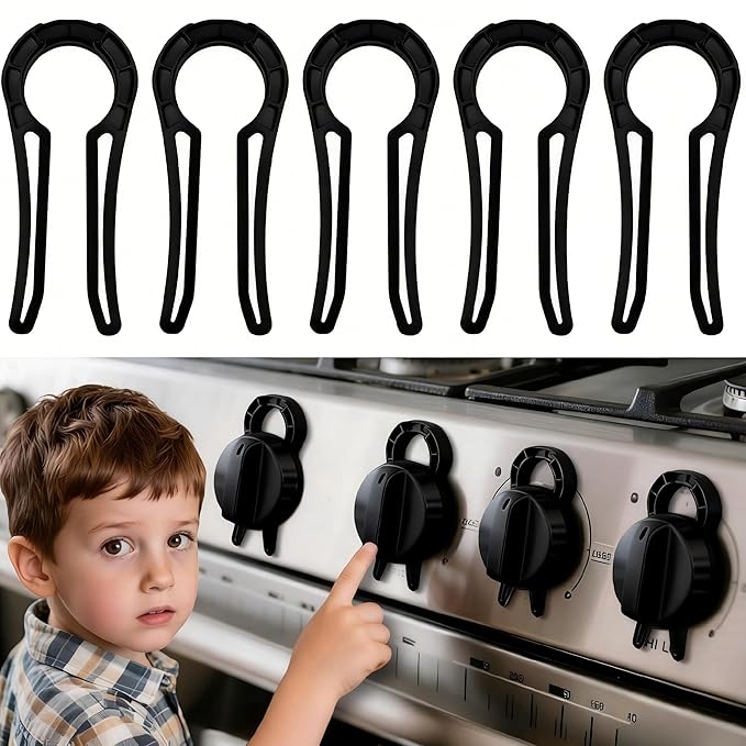 5-Pack Gas Stove Knob Locks for Child & Elder Safety, Secure Stove Knob Covers, Durable Oven Knob Locks, Prevent Accidental Touch (Black)