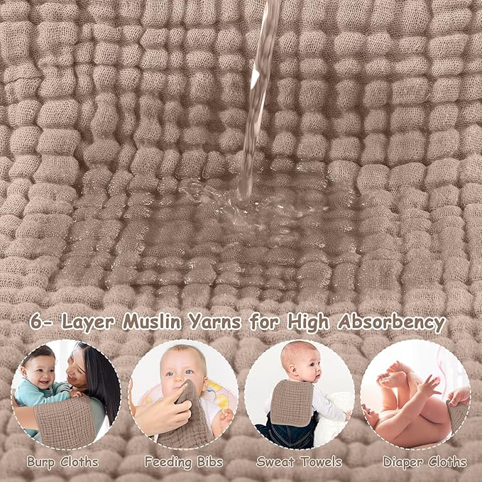 Looxii Muslin Burp Cloths 100% Cotton Muslin Cloths Large 20''x10'' Extra Soft and Absorbent 6 Pack Baby Burping Cloth for Boys and Girls (Brown)