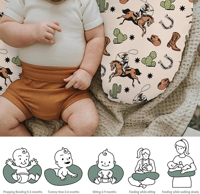 Country Western Nursing Pillow Covers for Boy Girl Cowboy Hat Boots Horse Cactus Nursing Pillow Slipcovers for Breastfeeding Pillows Wild West Desert Soft Stretchy Removable Covers for Newborn Infant