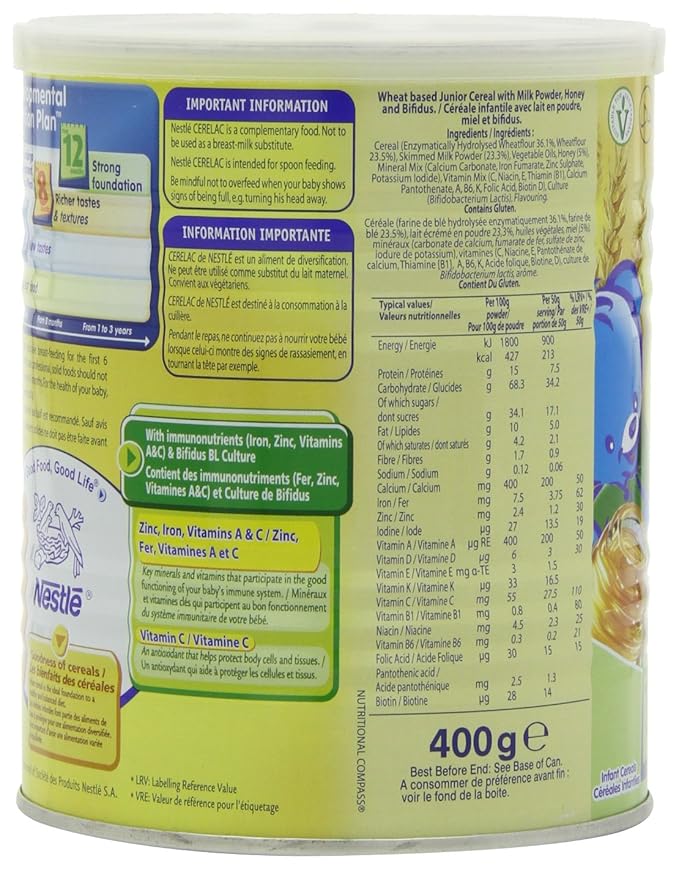Nestle Cerelac, Honey and Wheat with Milk (From 12 Months), 14.11-Ounce Cans (Pack of 4)