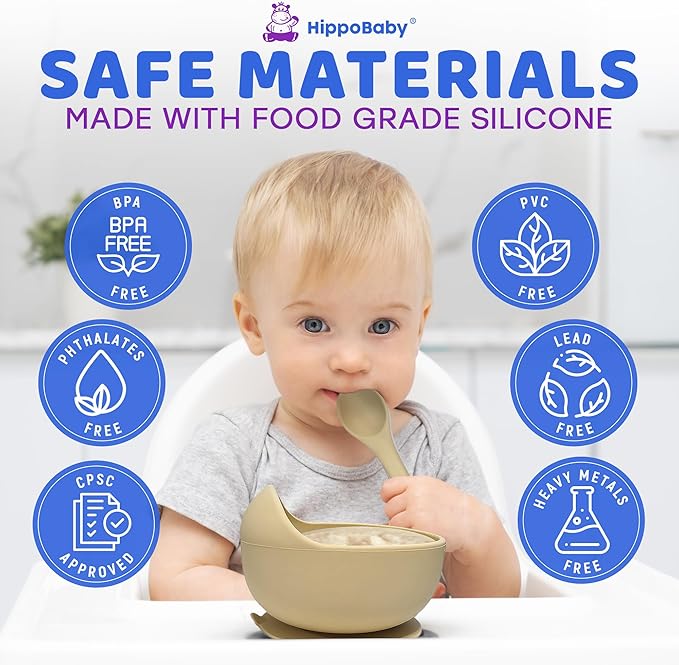 HippoBaby Baby Led Weaning Supplies | 10 Piece Silicone Baby Feeding Set | Baby Toddler Bib Cup Divided Plate and Bowl Self Feeding Spoons Dish Set | Baby Utensils | Toddler Feeding Supplies (Cream)