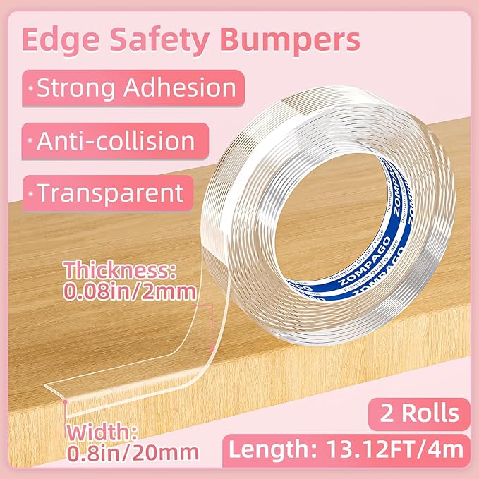 ZOMPAGO Clear Soft Corner Protectors for Baby Safety Furniture Strip 2 Rolls 0.8in x 13FT(L),Sharp Edge Table Corner Bumpers,Wall Corner Guards,Baby Proof Corner Protectors for Cabinet & Window Edge