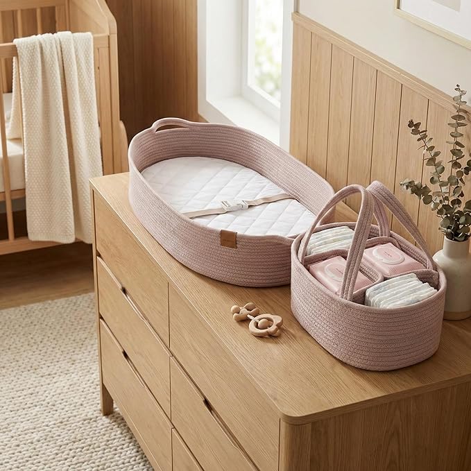 PeraBella XL Baby Changing Basket for Dresser Top, Moses Baskets for Newborn, Portable Baby Diaper Changing Pad Table Topper for Dresser, Moses Bassinet Mat with Waterproof Pad Cover and Diaper Caddy