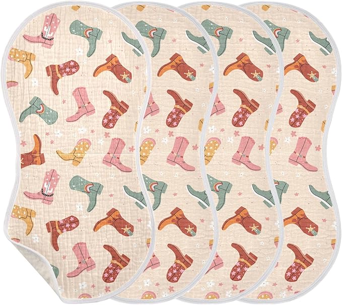 Cowboy Boots Muslin Burp Cloths for Baby Boys and Girls - 4-Pack Ultra Absorbent Muslin Washcloths, Newborn Towel, Milk Spit Up Rags, Burp Cloth Bib for Unisex, 22 x 11 Inch