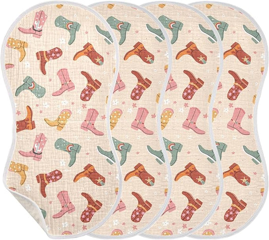 Cowboy Boots Muslin Burp Cloths for Baby Boys and Girls - 4-Pack Ultra Absorbent Muslin Washcloths, Newborn Towel, Milk Spit Up Rags, Burp Cloth Bib for Unisex, 22 x 11 Inch