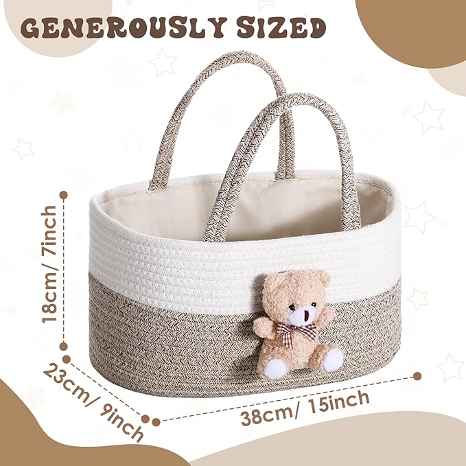 FoldTier Bear Diaper Caddy Organizer Cart Storage for Nursery with Handle, Bear Baby Shower Basket Gift Bath Caddy for Diapers and Baby Wipes, Basket for Nursery(Gray White)