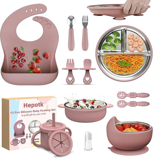 13 Pack Silicone Baby Feeding Set, BPA-Free Stainless Steel Toddler Feeding Supplies, Include Suction Plates, Baby Bowls, Silicone Fork & Spoon, and More, First Stage Baby Dish Set - 6+ Months