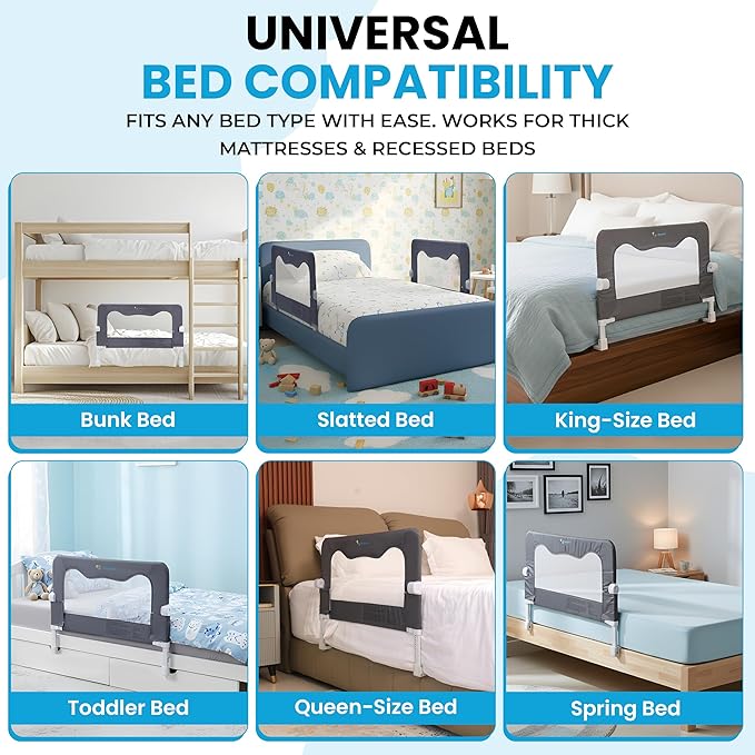 TotCraft Flexguard Adjustable Length & Height Bed Rail for Toddlers – Fits Twin, Full, Queen & King Beds – 35.5″ or 59″ Two Fixed Lengths – 14 Height Levels – ASTM Certified Bed Rail for Baby (Grey)