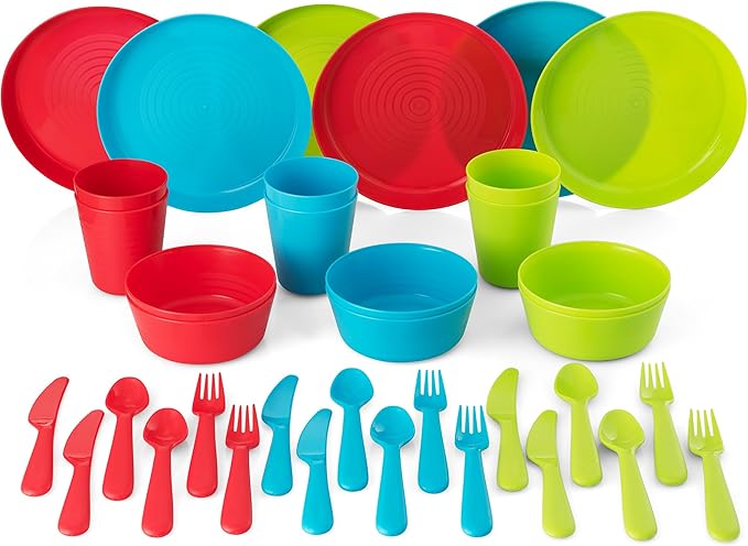 PLASKIDY Kids Plastic Dinnerware Set - 36 Pc Reusable Children's Dinner Set Microwave / Dishwasher Safe BPA Free Toddler Dishes Dinnerware Set Includes Kids Plates and Bowls Kids Cups & Flatware.