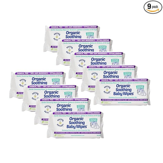 Doctor Butler's Organic Baby Wipes - Hypoallergenic & Unscented Baby Wipes, Safe for Baby Sensitive Skin Care, Made with Chamomile & Essential Oils (9pk – 60 Wipes)