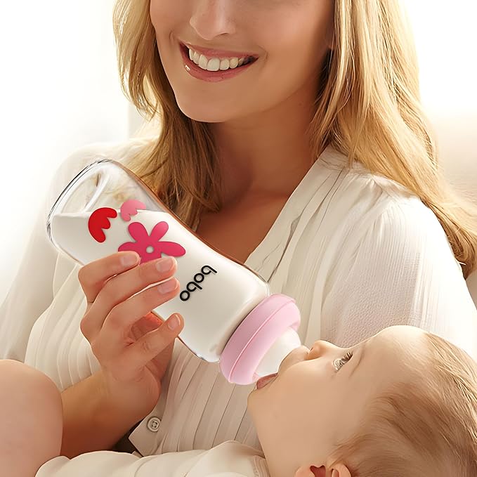 YOHKOH Natural Glass Baby Bottle with Level 2 Medium Flow Nipple, Newborn Anti-Colic Baby Bottles, Wide Neck Mushroom Baby Glass Bottle (8.8oz (Pack of 2), Multicolour)