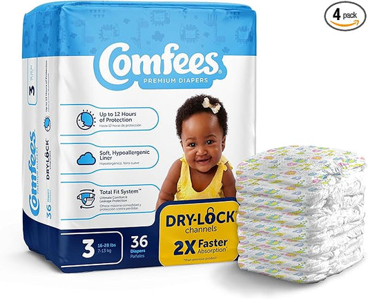 Comfees Premium Baby Diapers with Total Fit System for Boys & Girls, Size 3, 144Count, White (CMF-3)
