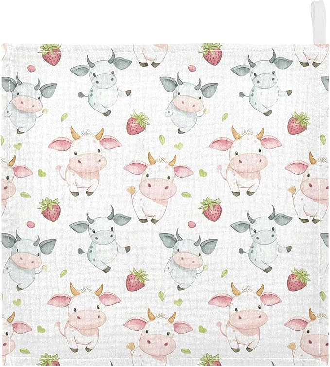 vvfelixl Cow Pink Cartoon Strawberry Baby Burp Cloths Baby Muslin Washcloths for Boys Girls Cotton Babys Face Towel for Newborn Infants Soft and Absorbent 11.8 X 11.8 in, 5 Pack