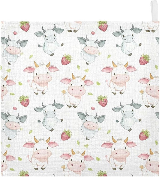 vvfelixl Baby Muslin Washcloths Cow Pink Cartoon Strawberry Baby Burp Cloths Cotton Babys Face Towel for Newborn Infants Boys Girls Soft and Absorbent 11.8 X 11.8 in, 3 Pack