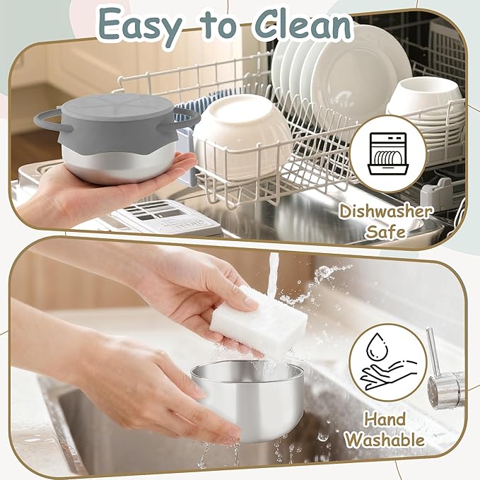 Baby Snack Containers Stainless Steel Snack Cups for Toddler Silicone Spill Proof Lids Handles 2 Pack Kids Travel Food Bowls Box Container Dishwasher Safe (Dark Grey+Light Grey)