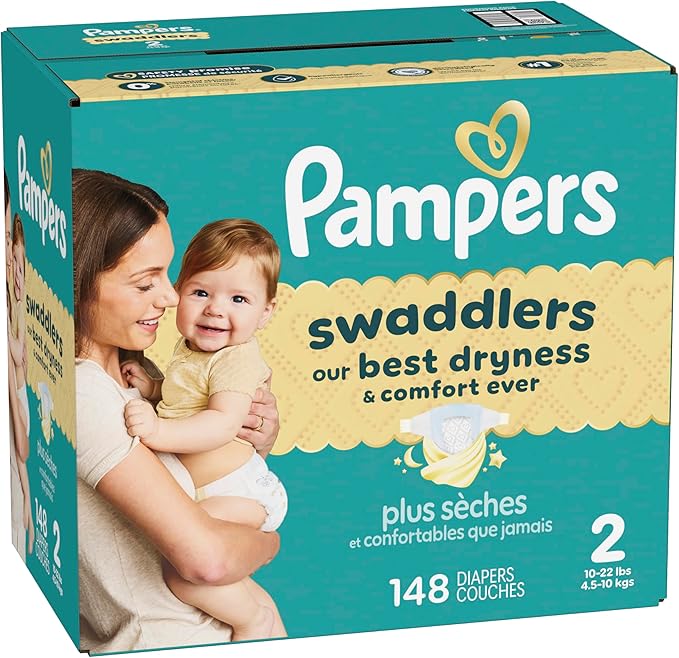 Pampers Swaddlers Diapers, Size 2 (10-22 lbs), 148 Count, Absorbent, Keeps Baby Dry and Comfortable, Skin Safe Disposable Baby Diaper