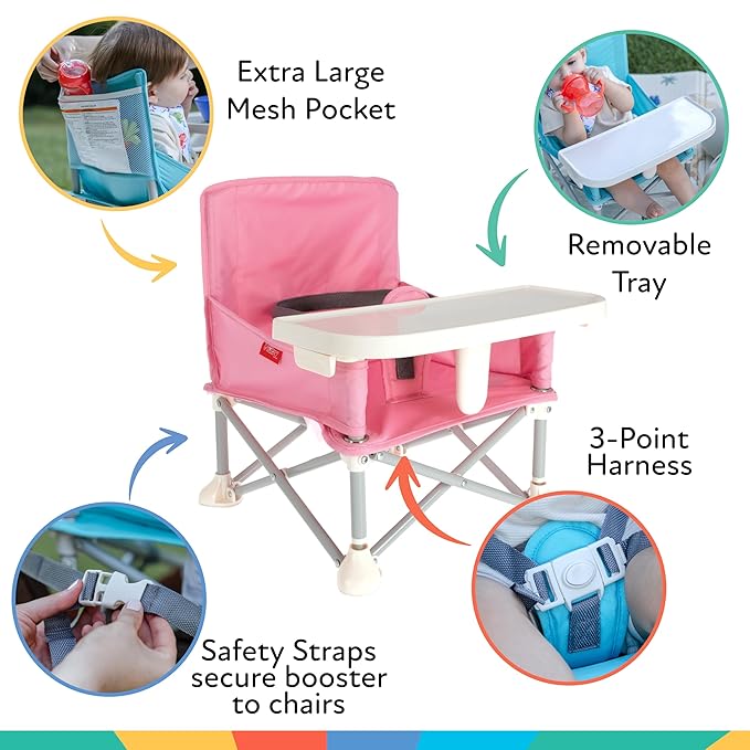 Nuby Pop-Up Booster Seat with Removable Tray - 6+ Months - Portable Booster Seat for Floor for Indoor/Outdoor Use - 3-Point Safety Adjustable Straps - Summer Travel Essentials - Pink