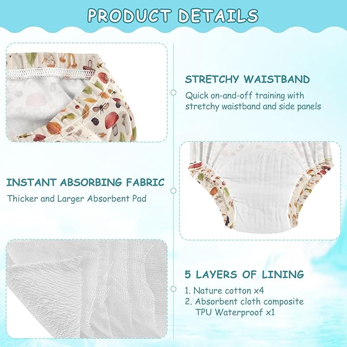Little Girls Potty Training Shorts Reusable Short Underwear for Toddler Boys 3T Mushrooms Berries and Insects