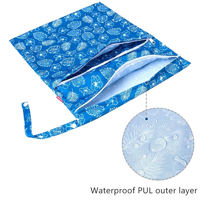 Damero 3Pcs Wet Dry Bag for Cloth Diaper, Swimsuit, Clothes, Ideal for Travel, Exercise, Daycare, Roomy and Water-Resistant(Blue Flowers)