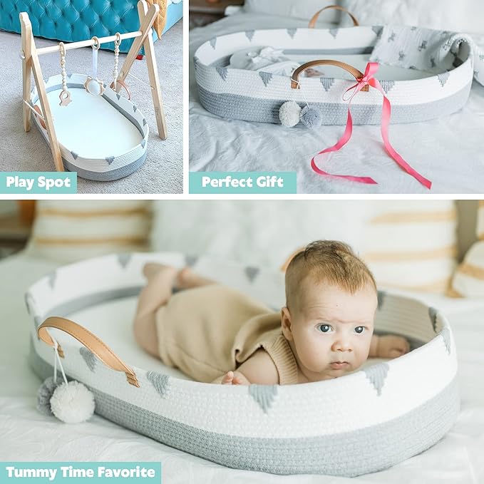 Vesta Baby Woven Cotton Rope Moses Changing Basket - Portable Infant Nursery Dresser Table Topper with Soft Foam Pad & 2 Washable Bamboo Waterproof Covers for Easy Diaper Change - Boho Gray & Beige