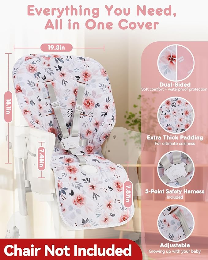 Baby High Chair Cover Replacement, Reversible & Waterproof High Chair Cushion Pad Home & Restaurant use, Includes 5-Point Harness Strap, Chair Not Included - Pink