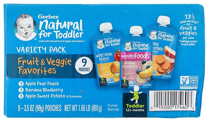 Gerber Stage 2 Baby Food, Fruit and Veggie Favorites Puree Pouches Variety Pack, No Added Sweetener, Baby Food Pouches, 9-Pack