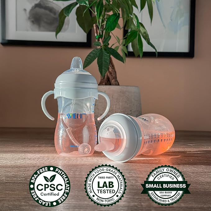 Sippy Cup Conversion Kit Bundle for Philips Avent Natural Baby Bottles | Weaning and Transition | Soft Silicone Nipples, Silicone Weighted Straw Ball, Bottle Handles and Cleaning Brush | 4+ Months