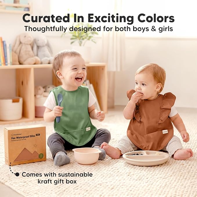 KeaBabies Waterproof Bibs for Baby Girl,Boy – 2-Pack Lightweight, Large Baby Bibs for Eating, Wearable Food Catcher, 6-12 Months Infant Feeding Essentials, Smock for Toddlers 1-3, Kids (Terracotta)