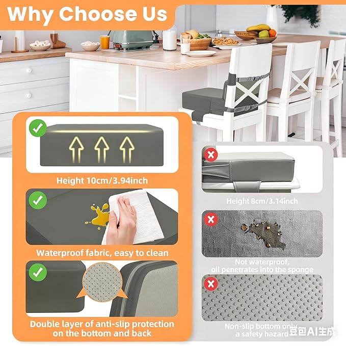 Toddler Booster Seat for Dining Table with Adjustable Straps, Kids Booster Seat for Kitchen Chair with Non-Slip Bottom, PU Anti-Scratch Portable Detachable Increasing Cushion (Dark Grey)
