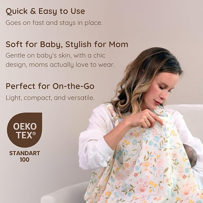 Muslin Nursing Cover Up for Breastfeeding, 47"x47" Cotton Muslin Breastfeeding Covers for Nursing, Full Coverage Breast Feeding Covers, Pumping Cover Oeko-TEX Designed in France - Pink Floral