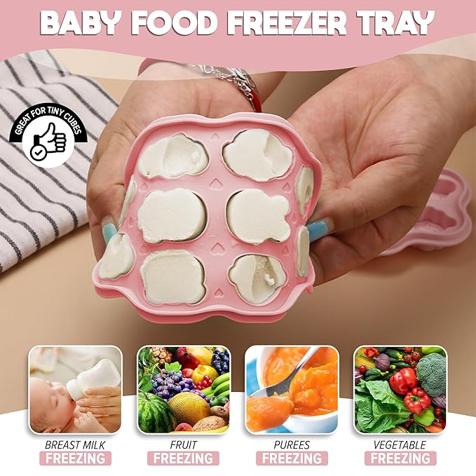 Set 1 : O’doe Silicone Baby Popsicle Molds & 1 Baby Food Feeders with 1 Clip, 1-Pack Freezer Tray with Lid, 10-Hole Popsicle Molds for Teething Relief, Includes 3 Extra Pacifiers, BPA Free (Pink)