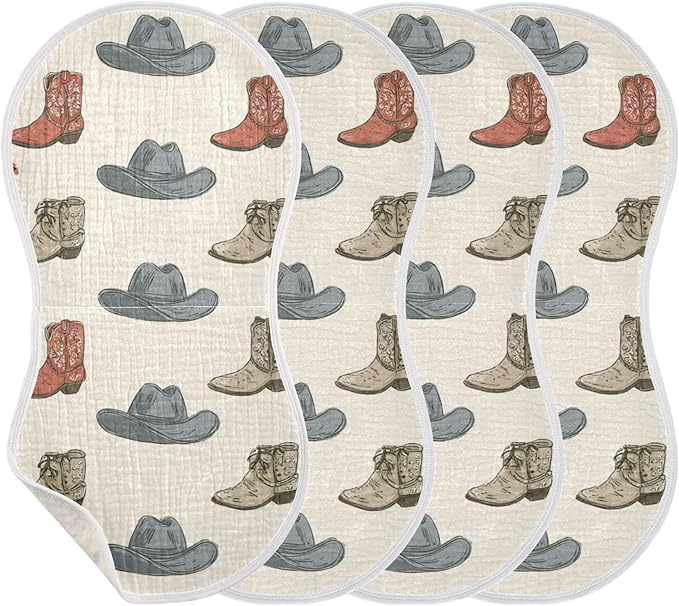Western Cowboy Boots Vintage Burp Cloths Baby Boys Girls Absorbent Soft Cotton Burping Cloths Rags, 4 Pack
