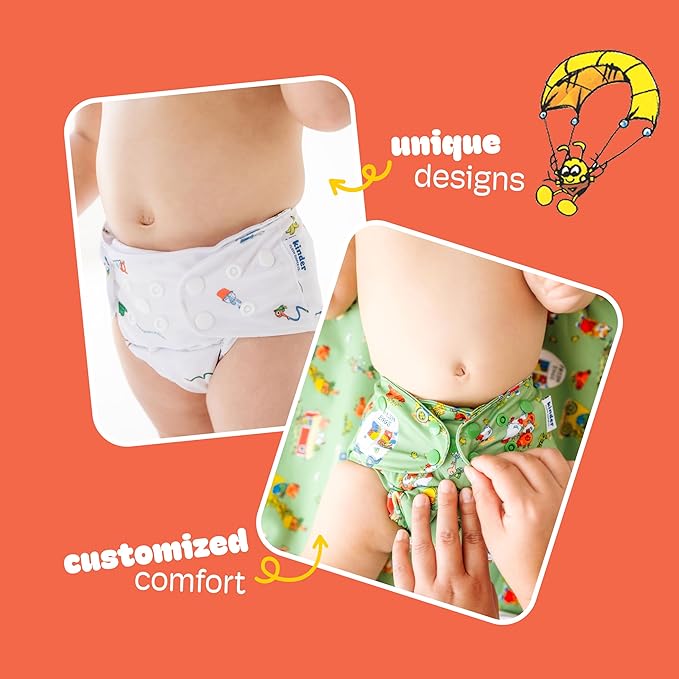 Kinder Cloth Diapers Reusable Baby Diapers Pocket Style Athletic Wicking Jersey, Wet Bag, Newborn to Potty Training 7-60lbs, One Size, Inserts NOT Included (Richard Scarry, 5 Pack, Without Inserts)
