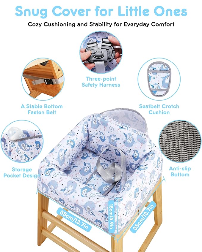 High Chair Cover Portable with 3-Point Harness, Waterproof Baby Seat Cover for Restaurant Travel Home Use, Machine Washable, Fits Wooden Chairs (Blue Whale)