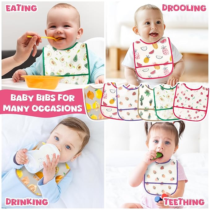 6Pcs Baby Bibs for Eating Toddler Feeding Bibs with Crumb Catcher Pocket Fruit Adjustable Sleeveless Teething Plastic Food Bib Set Waterproof Infant Keepsake Gift for Baby Shower, 6-24 Months
