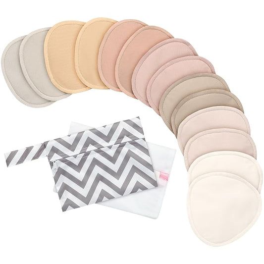 Organic Nursing Pads - 14 Washable Breast Pads for Breastfeeding, Wash Bag, Reusable Nipple Covers for Breastfeeding Essentials, Soft & Absorbent (Neutrals, L 4.8")