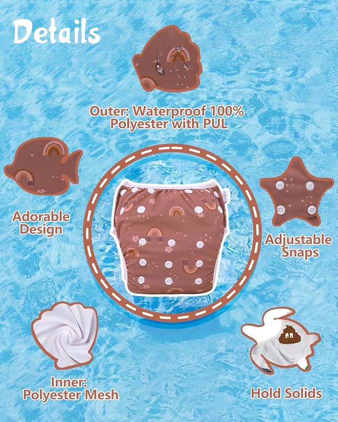 Babygoal Swim Diapers 3 Pack for 0-8M Newborn and Baby, Reusable Adjustable Washable for Swimming Lessons
